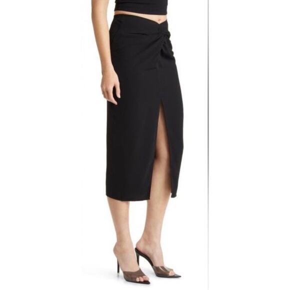 Open Edit Women's Black Knot Front Midi Skirt Slit Date Night Glam Size Small - Picture 1 of 7